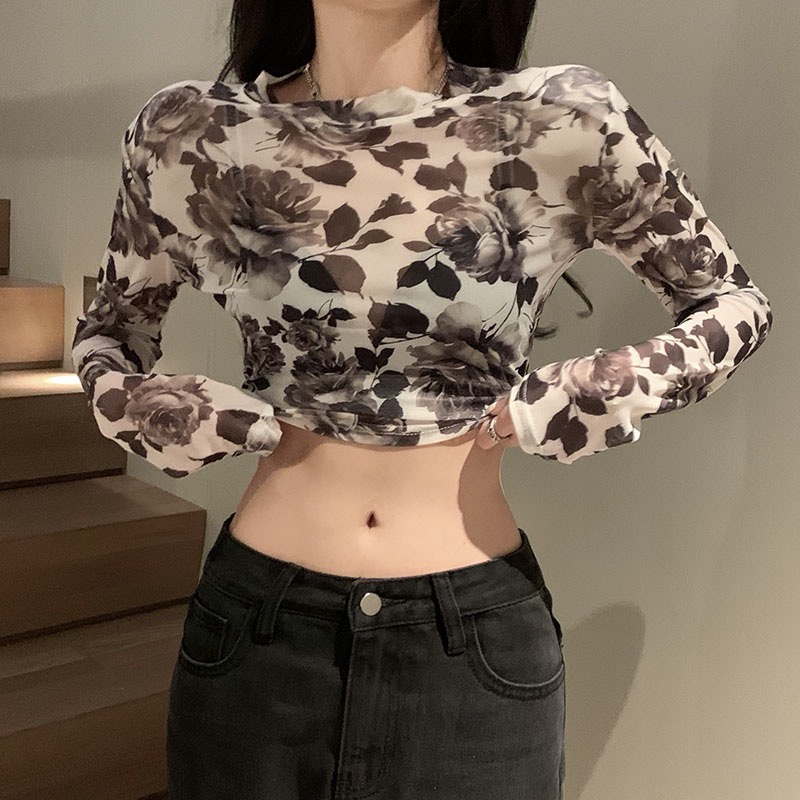 Áo Thun Tay Dài Dạng Lưới Hở Rốn In Họa Tiết Hoa Thời Trang Cổ Điển Phương Tây Dành Cho Bạn Nữ