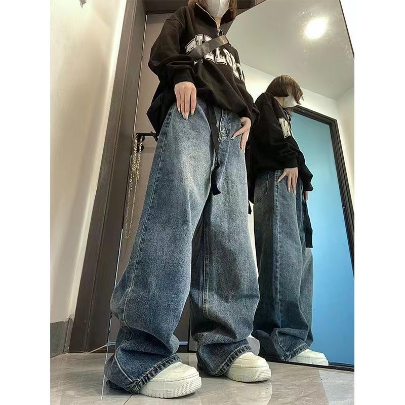 การจัดส่งเคาน์เตอร์ Quần Nữ Quần Bò Nữ Dáng Suông Ống Rộng Harajuku Baggy Y2K Quần Lưng Cao Màu Nâu Xanh Đậm Quần Jean N