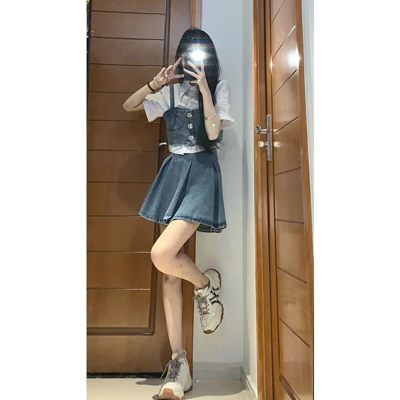 Set Áo Sơ Mi Trắng Tay Phồng + Áo Yếm Denim + Chân Váy Thiết Kế Nhỏ Nhắn Thời Trang Mùa Hè Phong Cách Mới Cho Nữ