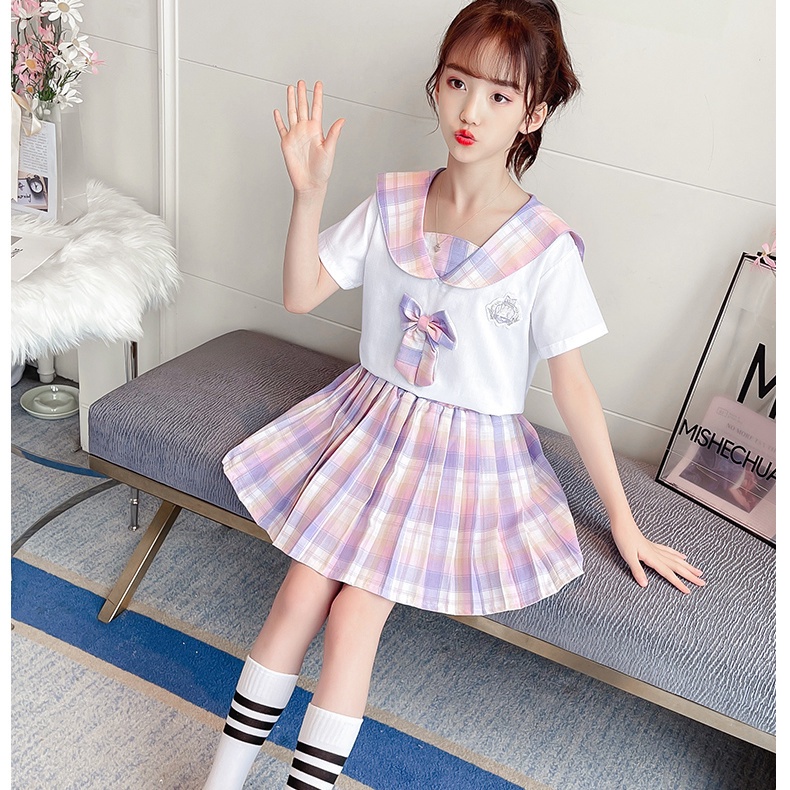 Hàng Có Sẵn!✨Bộ Đồng Phục Áo Tay Ngắn Và Chân Váy Xếp Ly Ba Món Phong Cách Preppy Mẫu Mới 2023 Cho Bé Gái