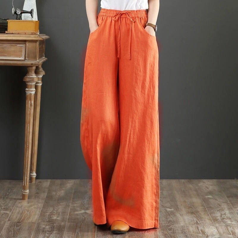 Quần Dài Ống Rộng Lưng Cao Vải Lanh Cotton Thời Trang Cho Nữ