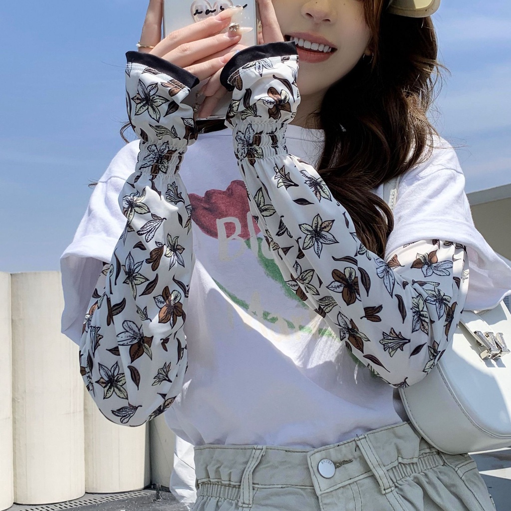 Găng Tay Chống Nắng Bằng Lụa Lạnh Thoáng Khí Họa Tiết Hoa Dành Cho Nữ