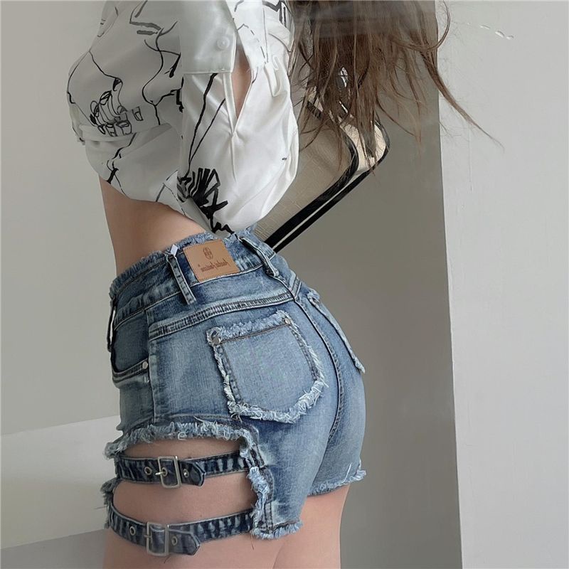 [Hàng Có Sẵn Giao Hàng Nhanh] Quần Short Denim Dáng Ôm Phối Tua Rua Thiết Kế Rỗng Phong Cách Mỹ Quyến Rũ Thời Trang Xuân Hè Mới Cho Nữ