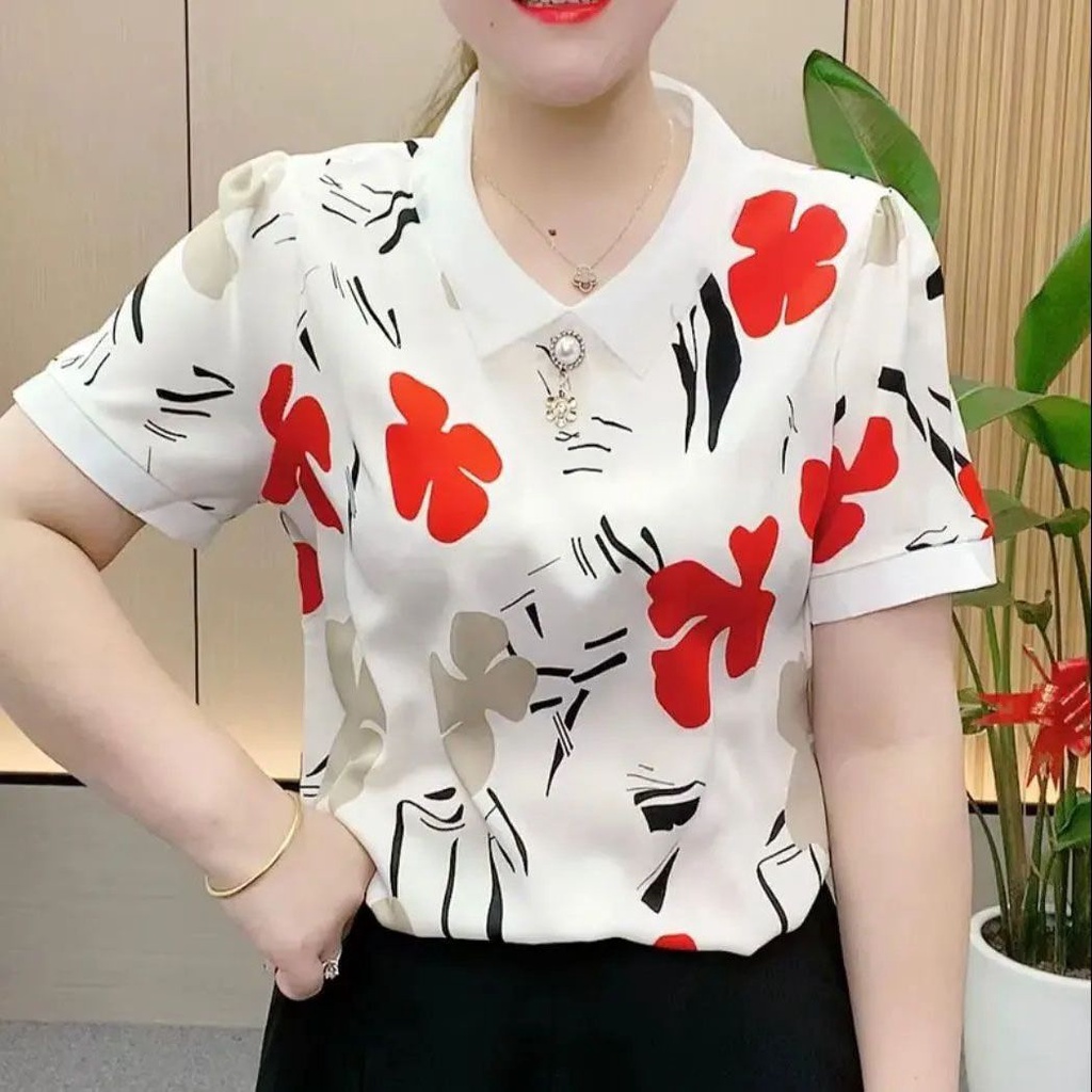 Áo Sơ Mi Chiffon Tay Ngắn Cổ Búp Bê Phong Cách Mới 2022 Cho Phụ Nữ Trung Niên