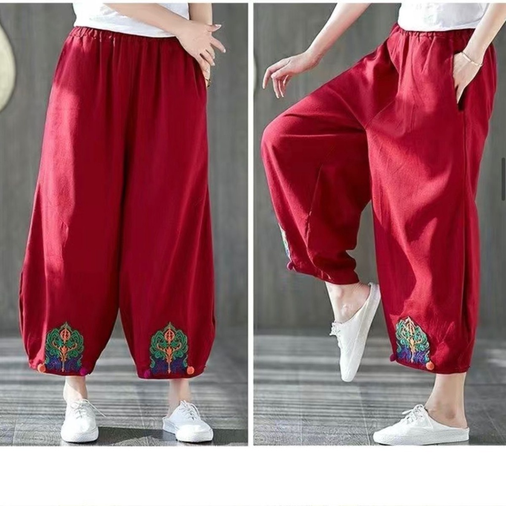 Quần Dài Vải Lanh Cotton Ống Rộng Lưng Thun Phong Cách Trung Hoa Mới Cho Nữ