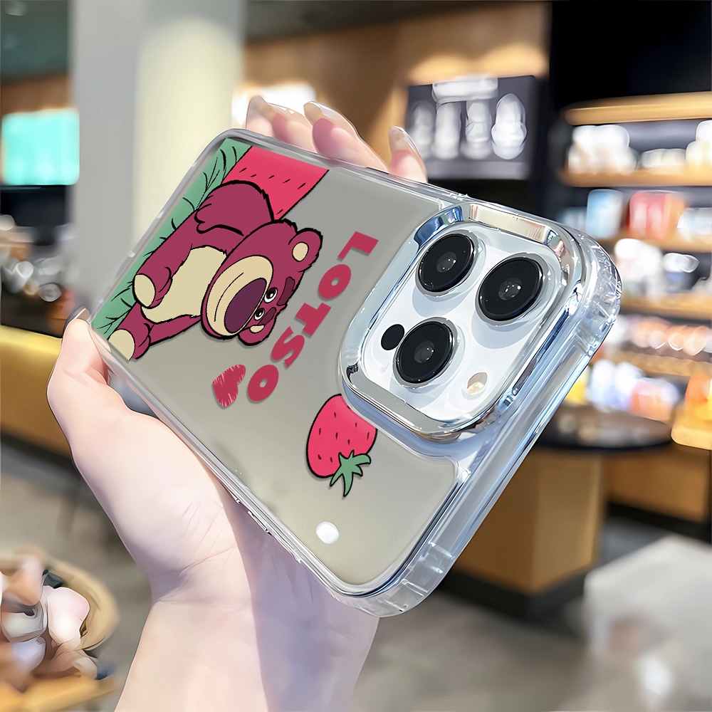 Ốp Điện Thoại Tráng Gương Viền Kim Loại Họa Tiết Gấu / Dâu Tây Cho iphone 14 pro max 11 12 13 8 7 Plus X XR XSMax