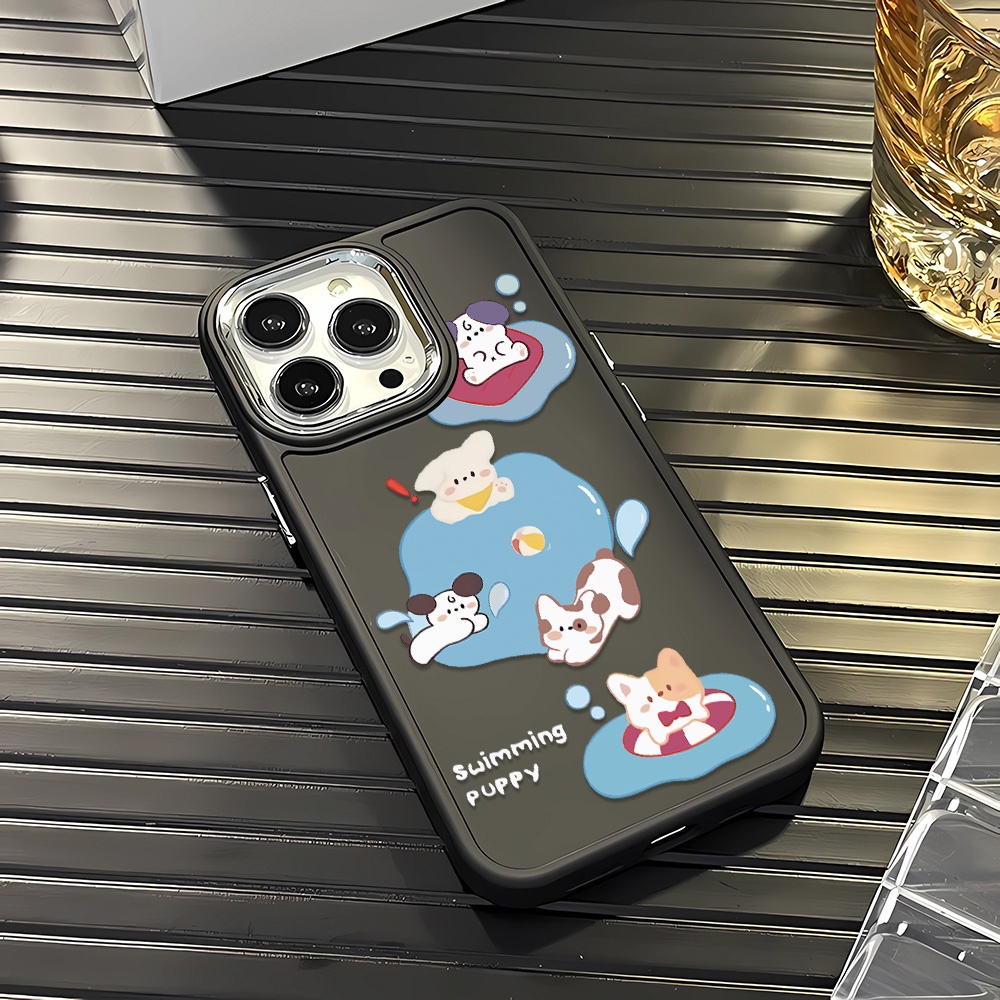 Ốp Điện Thoại Silicone Khung Kim Loại In Hình Chú Cún Bơi Lội Thời Trang Cho iphone 14ProMax 11 13 12 7Plus 8 X XS Max