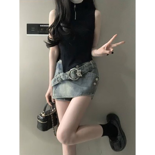 [Hàng Có Sẵn Giao Hàng Nhanh] Váy Culottes Denim Dáng Chữ a Lưng Cao Phong Cách Retro Mỹ Mùa Hè Mới Hợp Thời Trang Cho Nữ