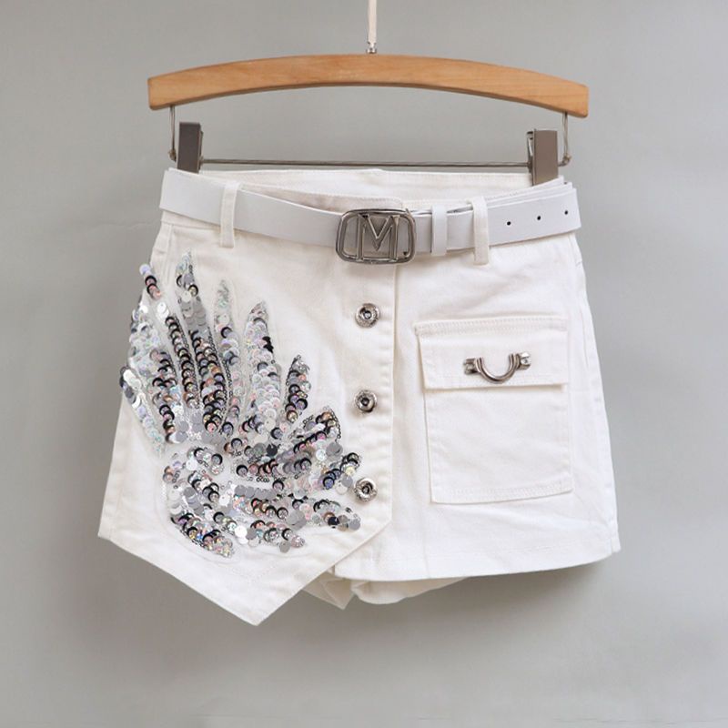 [Hàng Có Sẵn Giao Hàng Nhanh] Quần Short Denim Lưng Cao Dáng Ôm Đính Kim Sa Phong Cách Hàn Quốc Thời Trang Xuân Hè Mới Cho Nữ