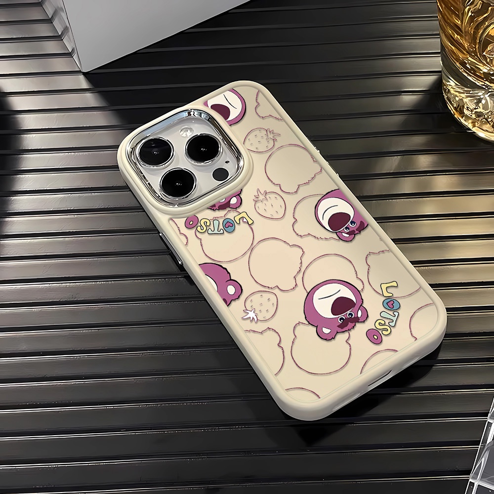 Ốp Điện Thoại Silicone Khung Kim Loại In Hình Gấu Dâu Tây Cho iphone 14ProMax 11 13 12 7Plus 8 X XS Max