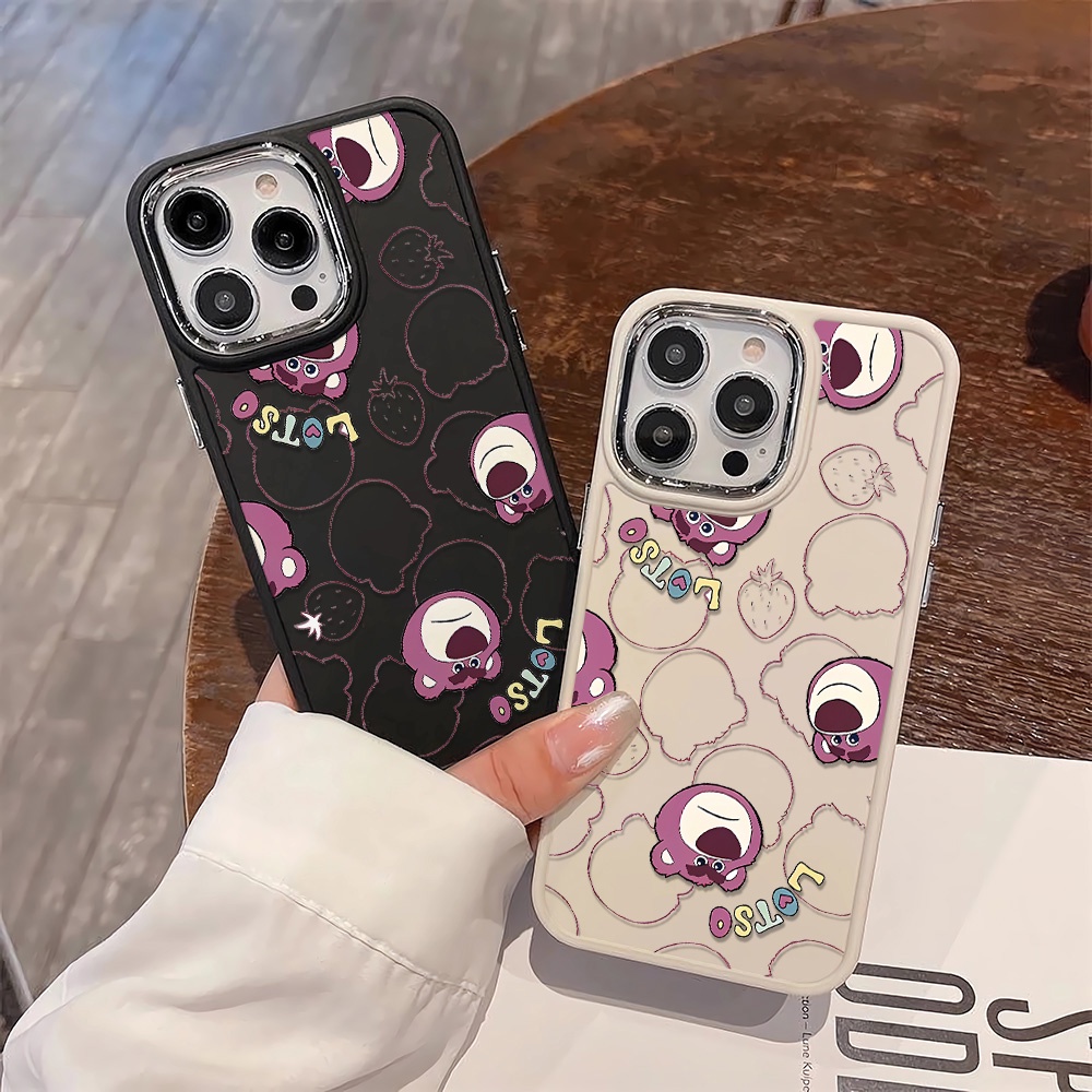 Ốp Điện Thoại Silicone Khung Kim Loại In Hình Gấu Dâu Tây Cho iphone 14ProMax 11 13 12 7Plus 8 X XS Max
