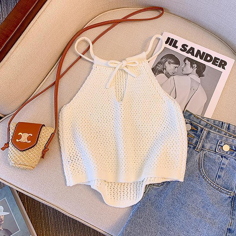 Áo Hai Dây Dệt Kim Hở Vai Màu Trơn Mùa Hè Ngọt Ngào Thời Trang Mới Mùa Hè Cho Nữ