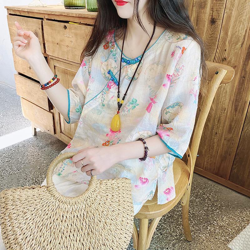 Tjj / Áo Sơ Mi Cotton Cao Cấp Dáng Rộng Đính Hạt Cườm Hình Đĩa Chéo Cổ Điển Mùa Hè Có Nút Hình Hoa Cho Nữ