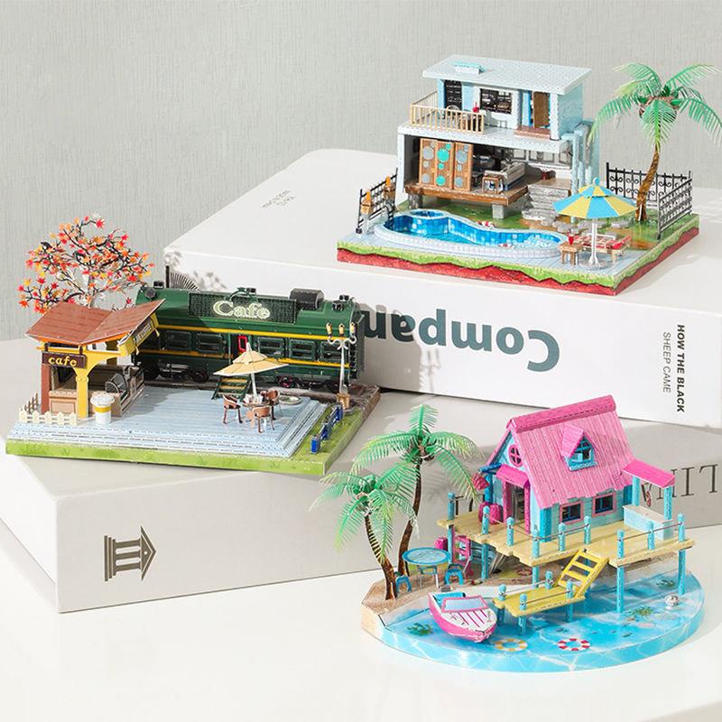 Mô Hình Lắp Ráp Tòa Nhà 3D Ba Chiều Bằng Kim Loại Hình Hòn Đảo Cà Phê villa diy