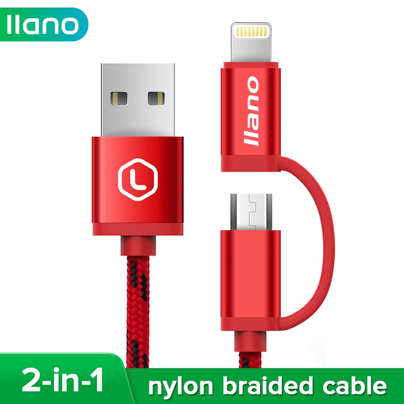 Cáp dữ liệu bện nylon llano 1.2m lightning + micro usb 2-trong-1 cho iphone xiaomi huawei samsung vivo oppo điện thoại android