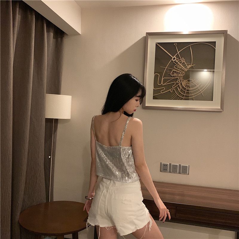 Jiashuchengv Áo Hai Dây Đính Kim Sa Lấp Lánh Gợi Cảm Cho Nữ Mặc Ngoài