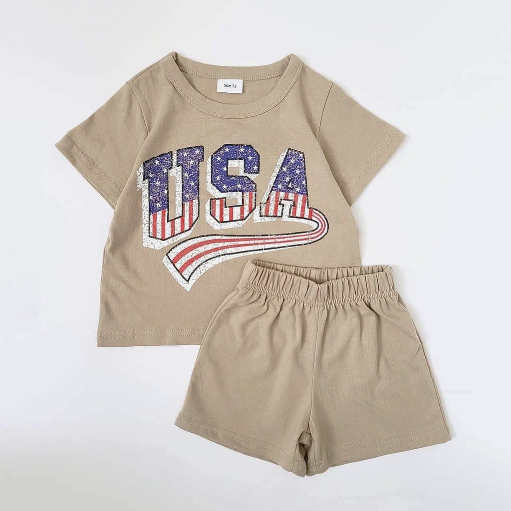 Bộ Áo Thun Cộc Tay In Hình Ngôi Sao + Quần Shorts Kẻ Sọc Cho Bé