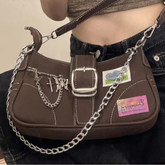 Niche Túi Xách Đeo Dưới Cánh Tay Phối Dây Xích Sắt Cá Tính Ngọt Ngào Cho Nữ Đi Xe Máy