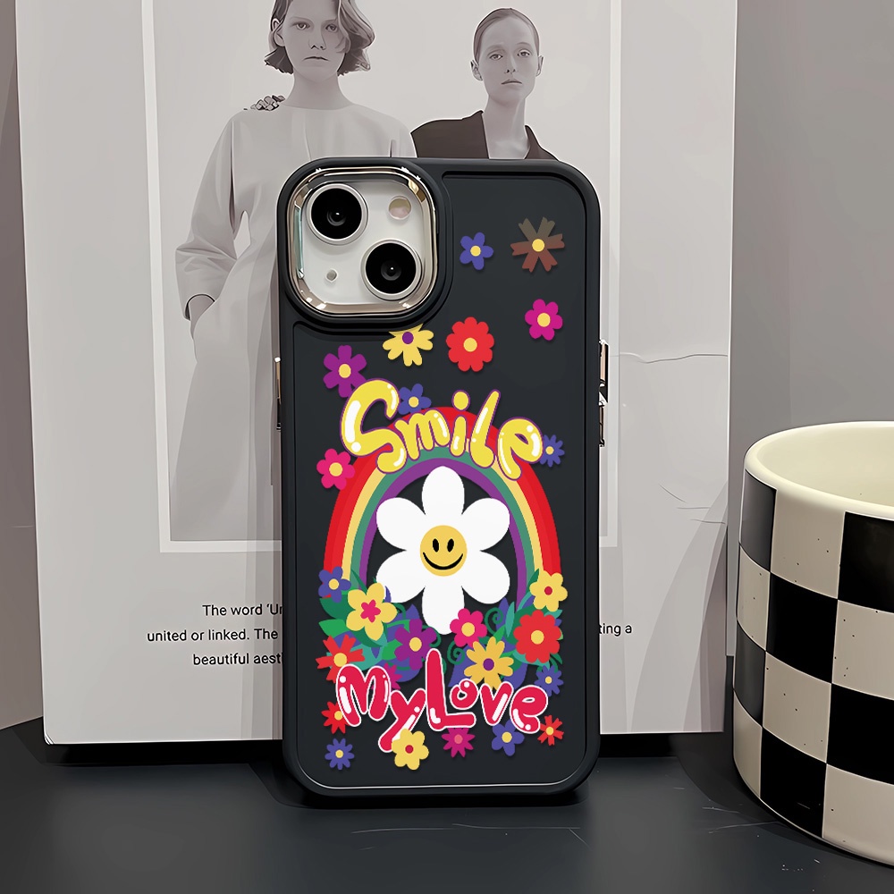 Ốp Điện Thoại Silicone Khung Kim Loại Họa Tiết Hoa Hướng Dương Mặt Cười Cho iphone 14ProMax 11 13 12 7Plus 8 X XS Max