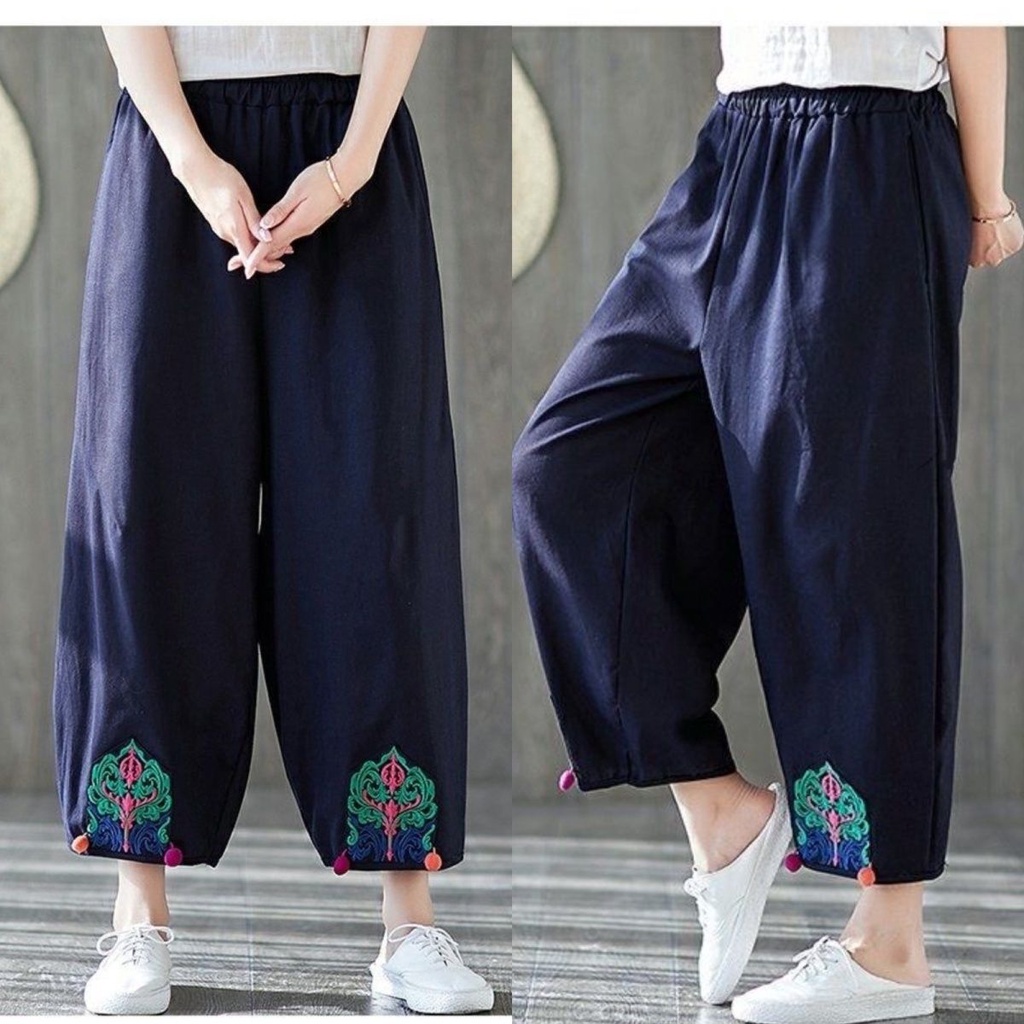 Quần Dài Vải Lanh Cotton Ống Rộng Lưng Thun Phong Cách Trung Hoa Mới Cho Nữ