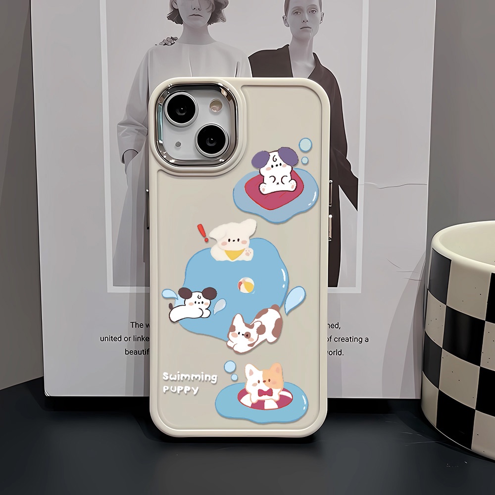 Ốp Điện Thoại Silicone Khung Kim Loại In Hình Chú Cún Bơi Lội Thời Trang Cho iphone 14ProMax 11 13 12 7Plus 8 X XS Max