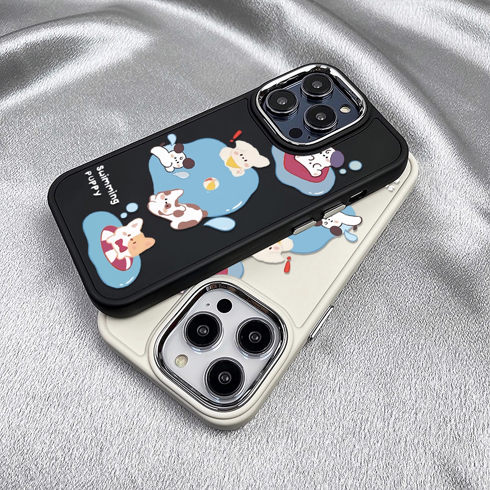 Ốp Điện Thoại Silicone Khung Kim Loại In Hình Chú Cún Bơi Lội Thời Trang Cho iphone 14ProMax 11 13 12 7Plus 8 X XS Max