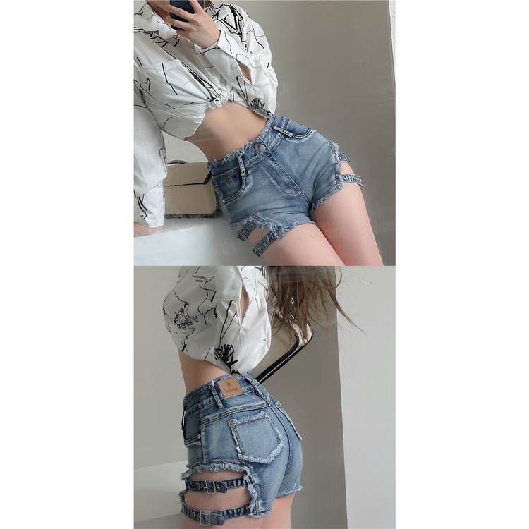 [Hàng Có Sẵn Giao Hàng Nhanh] Quần Short Denim Dáng Ôm Phối Tua Rua Thiết Kế Rỗng Phong Cách Mỹ Quyến Rũ Thời Trang Xuân Hè Mới Cho Nữ