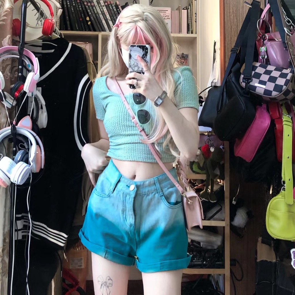 [Hàng Có Sẵn Giao Hàng Nhanh] Quần Short Denim Lưng Cao Dáng Rộng Màu Hồng Gradient Phong Cách Đường Phố Cho Nữ