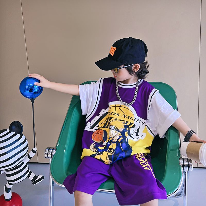 Bộ Đồ Thể Thao Giả Hai Mảnh Dáng Rộng Tay Ngắn Phong Cách Đường Phố Mỹ Cổ Điển Thời Trang Mùa Hè Dành Cho Bé Trai