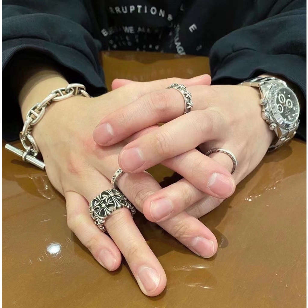 CHROME HEARTS Nhẫn Mạ Bạc 925 Hình Ngôi Sao Năm Cánh Đính Đinh Tán Phong Cách retro