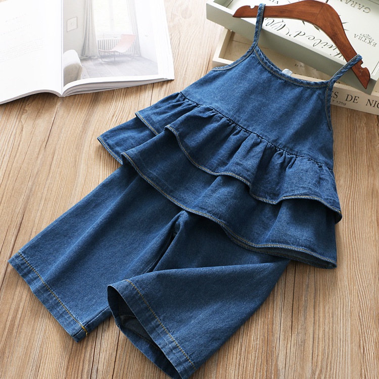 Bộ Áo Hai Dây + Quần Denim Thời Trang Mùa Hè Cho Bé Gái