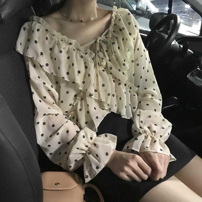 Áo Sơ Mi Tay Dài Cổ Chữ V Viền Lá Sen Phong Cách Hàn Quốc Thời Trang Mùa Xuân Mới Cho Nữ