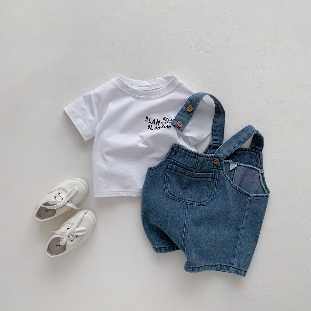 Bộ Áo Thun Ngắn Tay + Quần Yếm Denim Xinh Xắn Theo Phong Cách Mùa Hè Dành Cho Bé 0-3 Tuổi