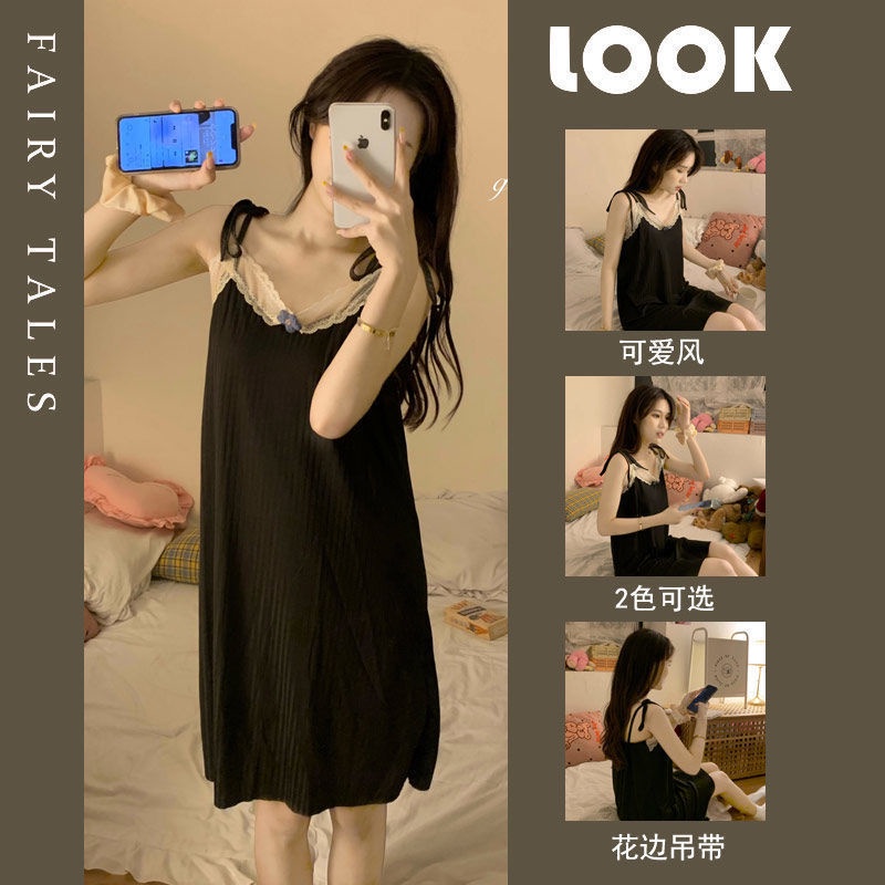 Đầm Ngủ Hai Dây Cổ Chữ V Màu Trơn Phối Ren Đơn Giản Thời Trang Mùa Hè Chất Lượng Cao Phong Cách Mới Cho Nữ