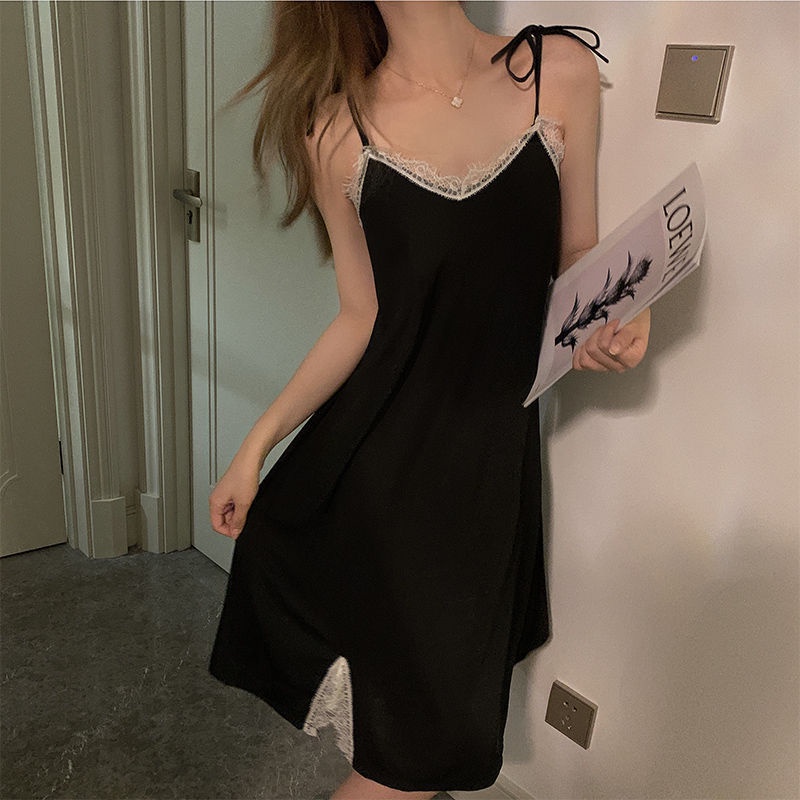 Đầm Ngủ Hai Dây Cổ Chữ V Màu Trơn Phối Ren Đơn Giản Thời Trang Mùa Hè Chất Lượng Cao Phong Cách Mới Cho Nữ
