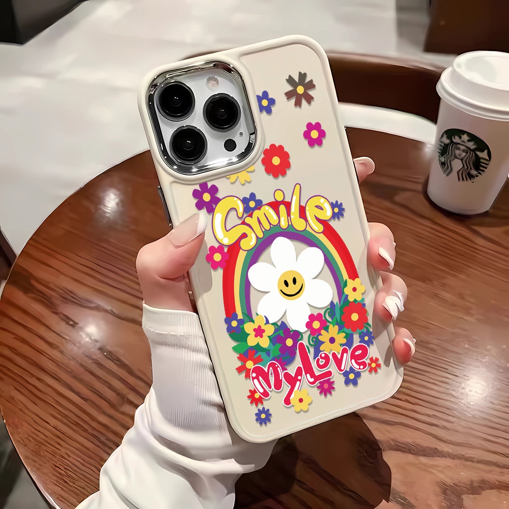 Ốp Điện Thoại Silicone Khung Kim Loại Họa Tiết Hoa Hướng Dương Mặt Cười Cho iphone 14ProMax 11 13 12 7Plus 8 X XS Max