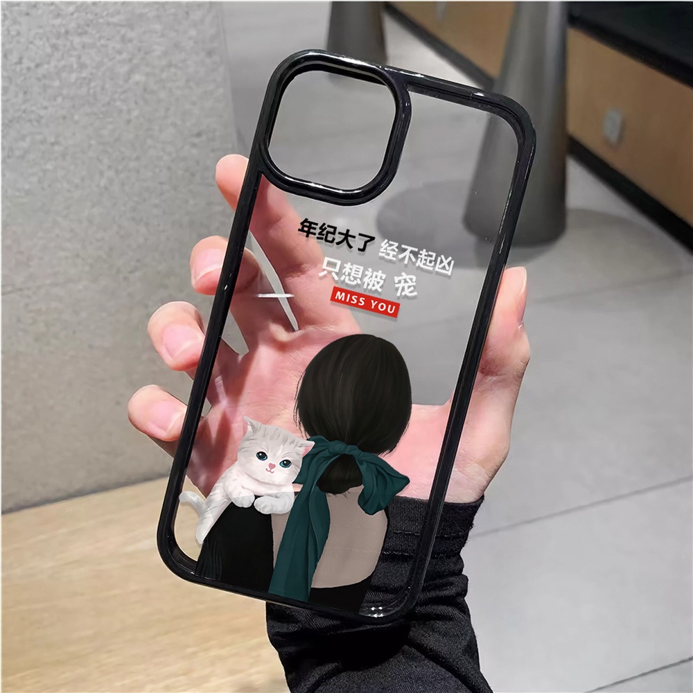 Ốp Điện Thoại Nhựa Acrylic Cứng Trong Suốt Hình Cô Gái Và Mèo Cho iphone 14 pro Max 11 13 12 7Plus 8 X XS Max