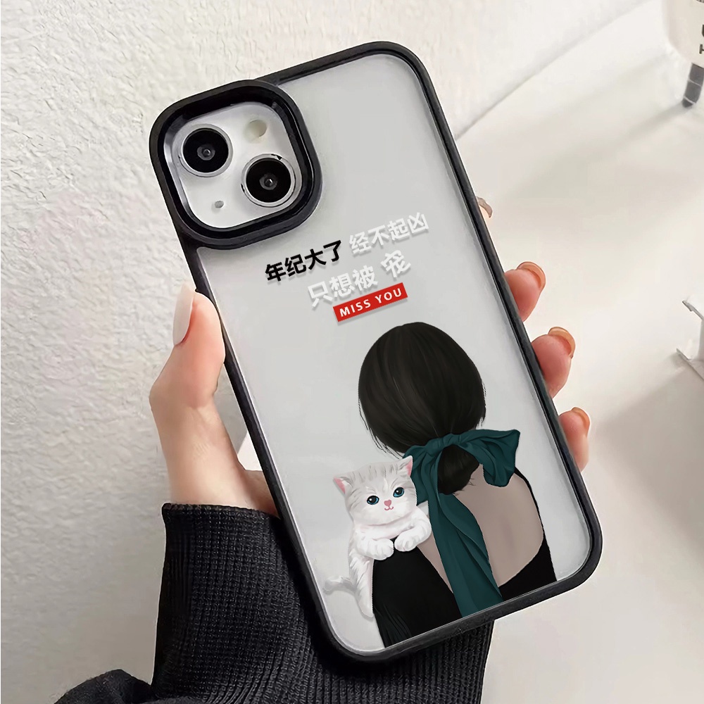 Ốp Điện Thoại Nhựa Acrylic Cứng Trong Suốt Hình Cô Gái Và Mèo Cho iphone 14 pro Max 11 13 12 7Plus 8 X XS Max