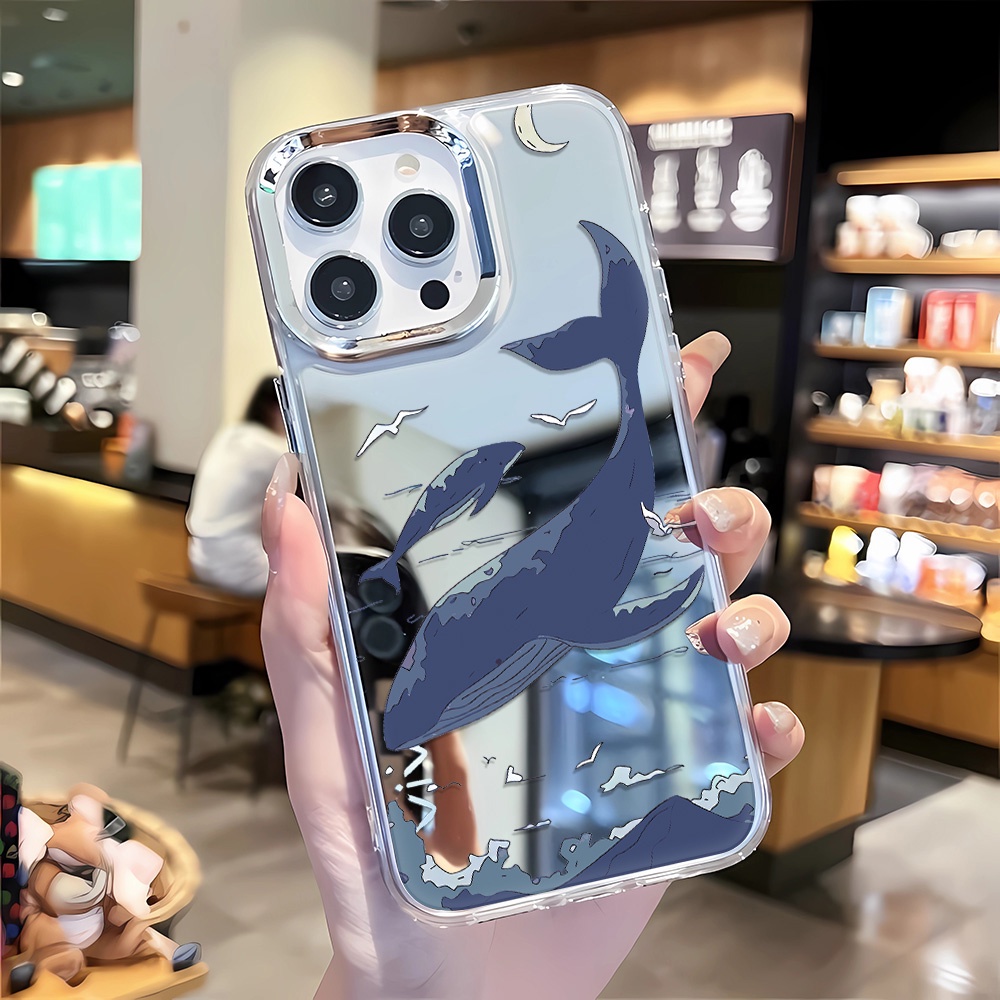 Ốp Điện Thoại Tráng Gương Hình Cá Mập Xanh Cho iphone 14 pro max 11 12 13 8 7 Plus X XR XSMax