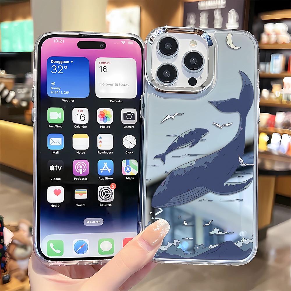 Ốp Điện Thoại Tráng Gương Hình Cá Mập Xanh Cho iphone 14 pro max 11 12 13 8 7 Plus X XR XSMax