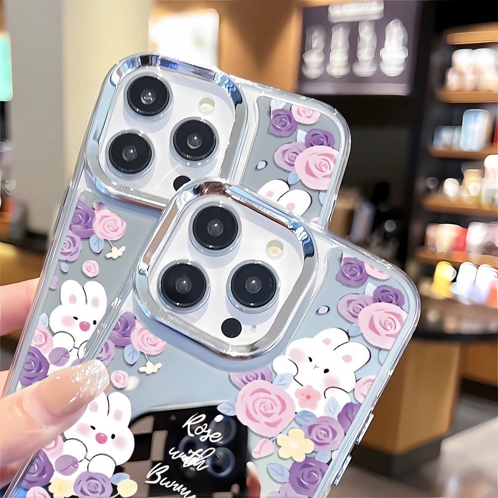 Ốp Điện Thoại Tráng Gương Viền Kim Loại Họa Tiết Thỏ Và Hoa Cho iphone 14 pro max 11 12 13 8 7 Plus X XR XSMax
