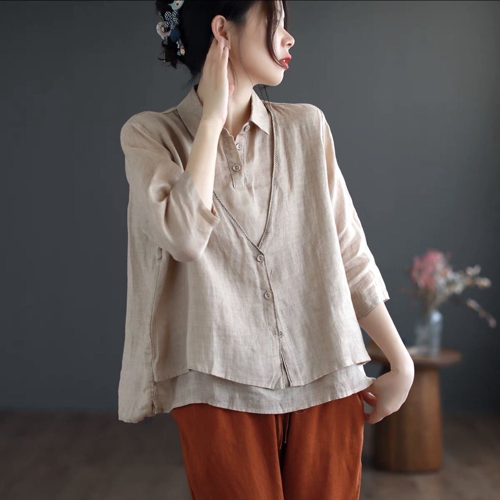 Áo Sơ Mi Tay Lửng Giả Hai Lớp Phong Cách Mới Mùa Hè Cho Nữ