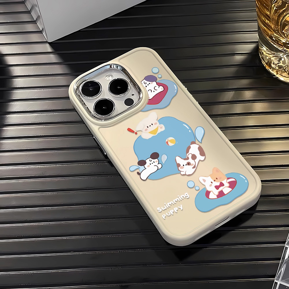 Ốp Điện Thoại Silicone Khung Kim Loại In Hình Chú Cún Bơi Lội Thời Trang Cho iphone 14ProMax 11 13 12 7Plus 8 X XS Max