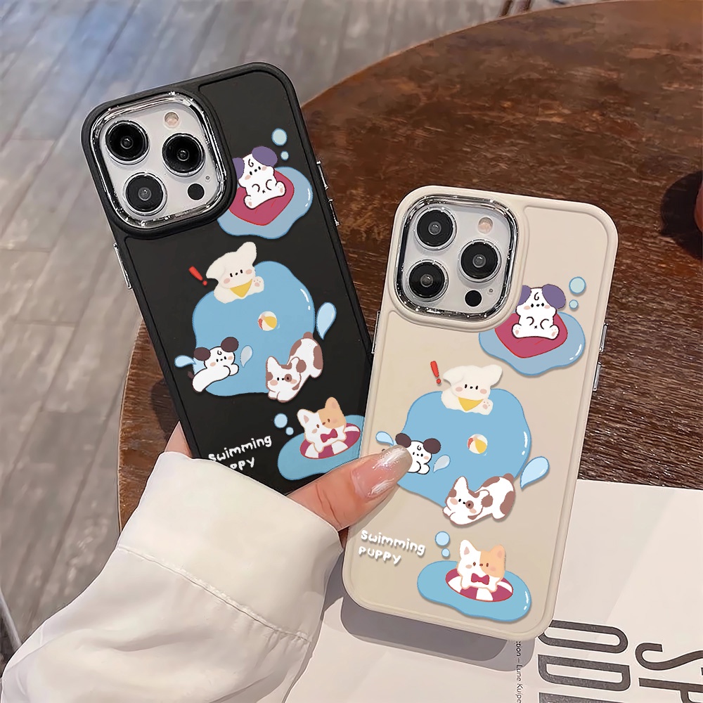 Ốp Điện Thoại Silicone Khung Kim Loại In Hình Chú Cún Bơi Lội Thời Trang Cho iphone 14ProMax 11 13 12 7Plus 8 X XS Max