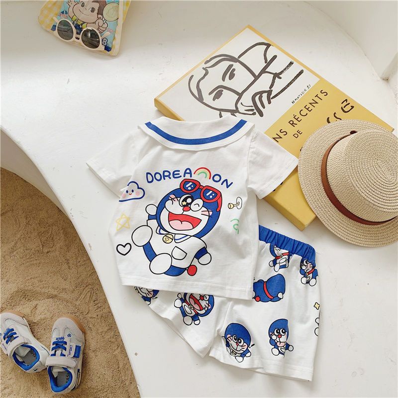 ✨Hàng Có Sẵn!✨ Bộ Áo Thun Ngắn Tay In Hoạt Hình Mèo + Quần Short Thời Trang Mùa Hè Cho Bé