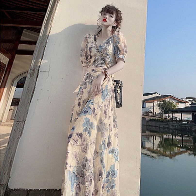Đầm Dáng Dài Nhấn Eo Cao Cấp In Họa Tiết Thanh Lịch Thời Trang Cho Nữ
