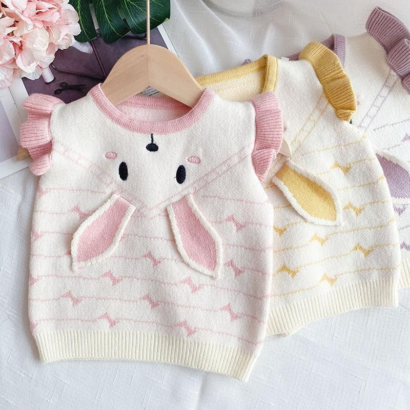 Áo Sweater Dệt Kim Không Tay Đính Tai Thỏ Phong Cách Thời Trang Xuân Thu Hàng Mới Dành Cho Bé Gái