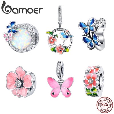 BAMOER Hạt Charm bạc 925 Hình Hoa Và Chim Nhiều Màu Sắc Dùng Làm Trang Sức DIY