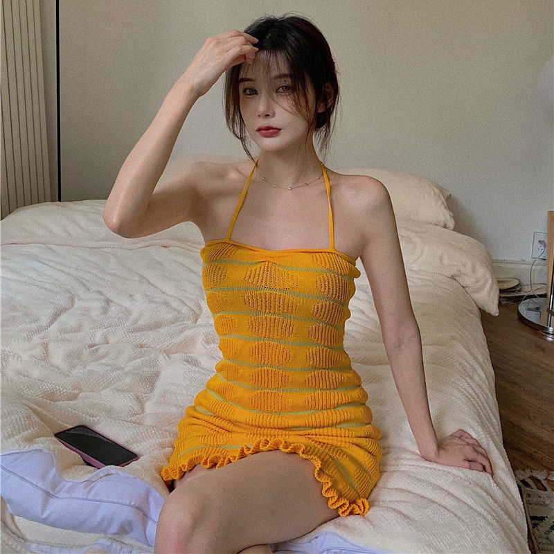 Đầm Ngắn Hai Dây Dệt Kim Ôm Dáng Thời Trang Mùa Hè Hàng Mới 2022