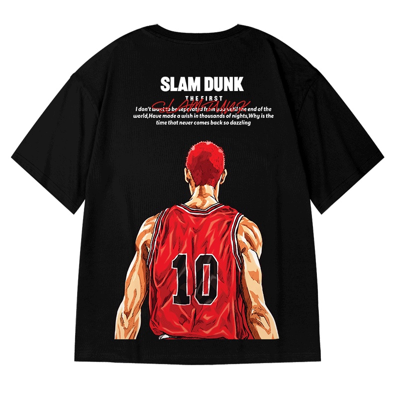 【Plus Size】(40-130kg) Áo Thun Nam Oversize Tay Ngắn Dáng Rộng Màu Đen In Họa Tiết Hoạt Hình Slam Dunk Thời Trang áo phông nam boy phố